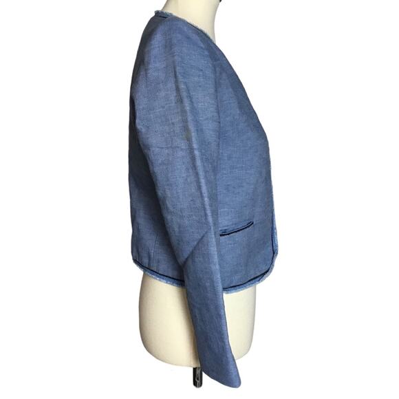 Sandro Chambray Open Front Raw Edge Blue Linen Cotton Blazer Coat Jacket Size 36 - Picture 5 of 11